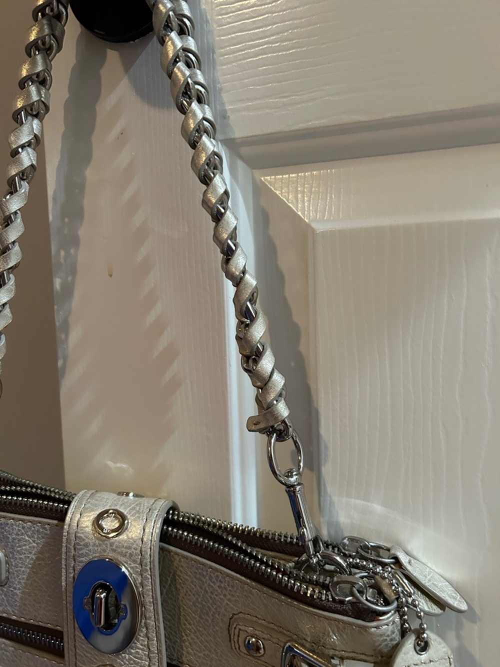 Coach Metallic Silver Leather Shoulder Bag with Chain Strap - Picture 3 of 5